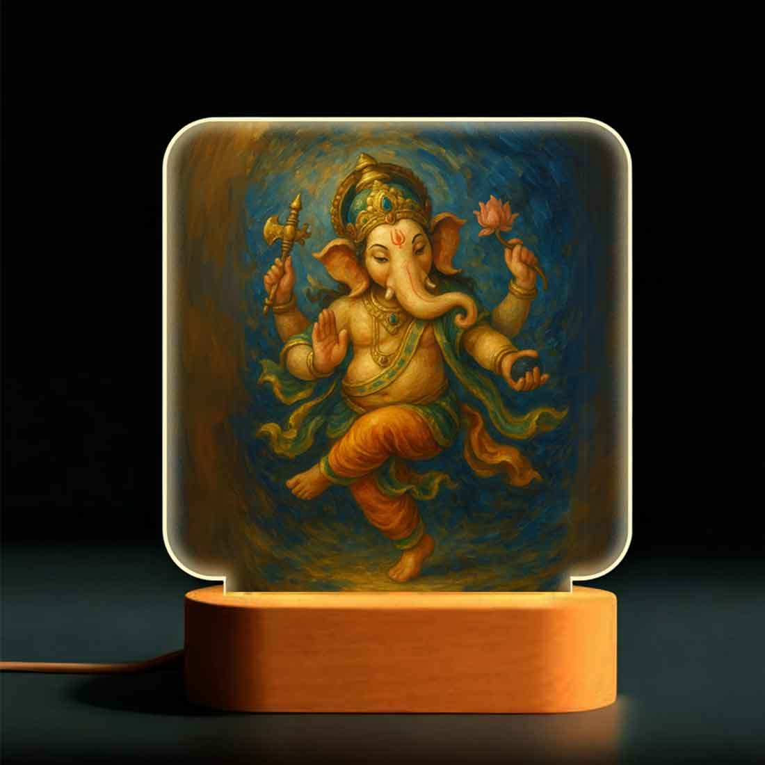 Lighting Ganesh LED Night Lamp – Warm Glow with Wooden Base for Home Temple Decor