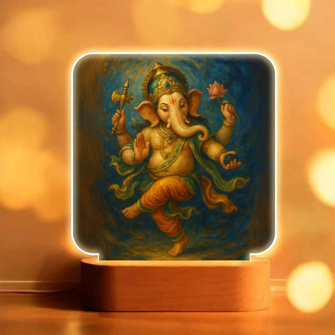 Lighting Ganesh LED Night Lamp – Warm Glow with Wooden Base for Home Temple Decor