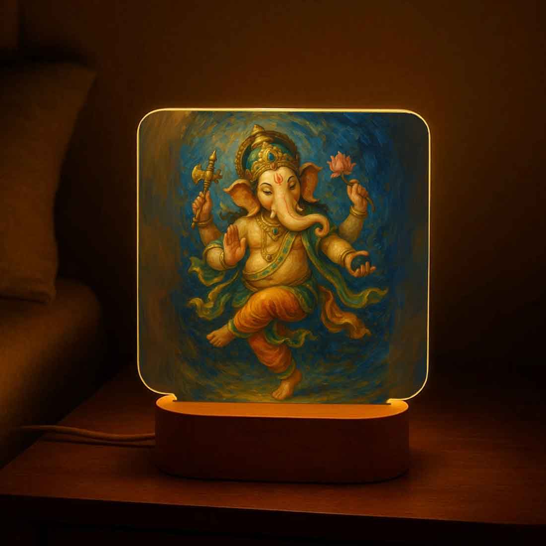 Lighting Ganesh LED Night Lamp – Warm Glow with Wooden Base for Home Temple Decor