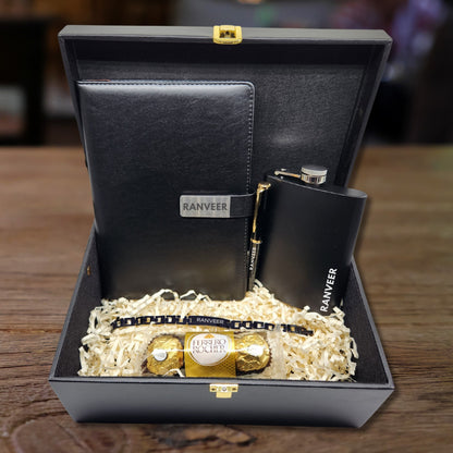 Personalised Rakhi Gifts for Brother Raksha Bandhan Premium Gift Box with Metal Rakhi Hip Flask & Diary Pen