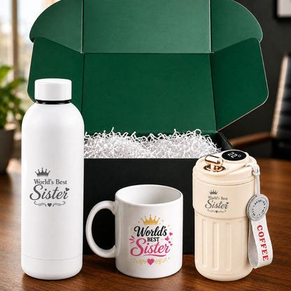 Rakhi Gift Hamper for Sister with Fairy Light Box| 500ml Double Insulated Water Bottle, Temperature Display Tumbler & Ceramic Mug with World’s Best Sister Design