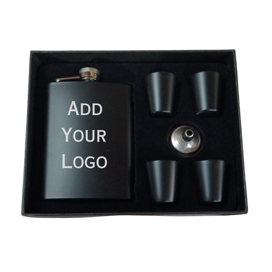Personalized Engraved Hip Flask With Funnel And 4 Shot Glasses In Gift Box  - Add Logo
