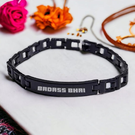 Stylish Rakhi For Brothers Metal Bracelet Black & Golden Rakhis- Badass Bhai