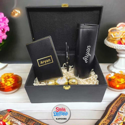 Diwali Gift Box with Personalized Black Passport Cover Custom Coffee Tumbler, Pen & Chocolates-10GM Silver Coin (Optional)