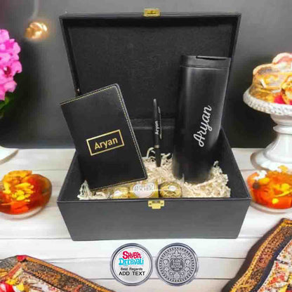 Diwali Gift Box with Personalized Black Passport Cover Custom Coffee Tumbler, Pen & Chocolates-5GM Silver Coin (Optional)