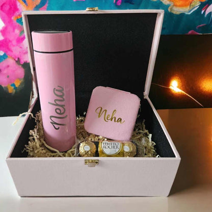 Pink Gift Box for Her with Pink Temperature Tea Coffee Flask Bottle, Jewellery Box & Chocolates