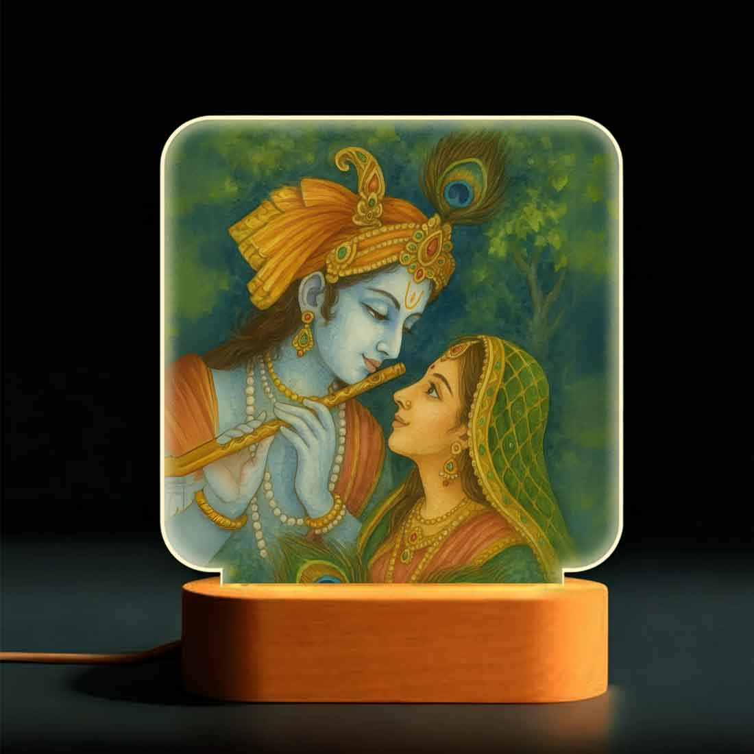 Radha Krishna Lamp with Wooden Base – Warm Glow Lamp for Pooja Room & Gifting