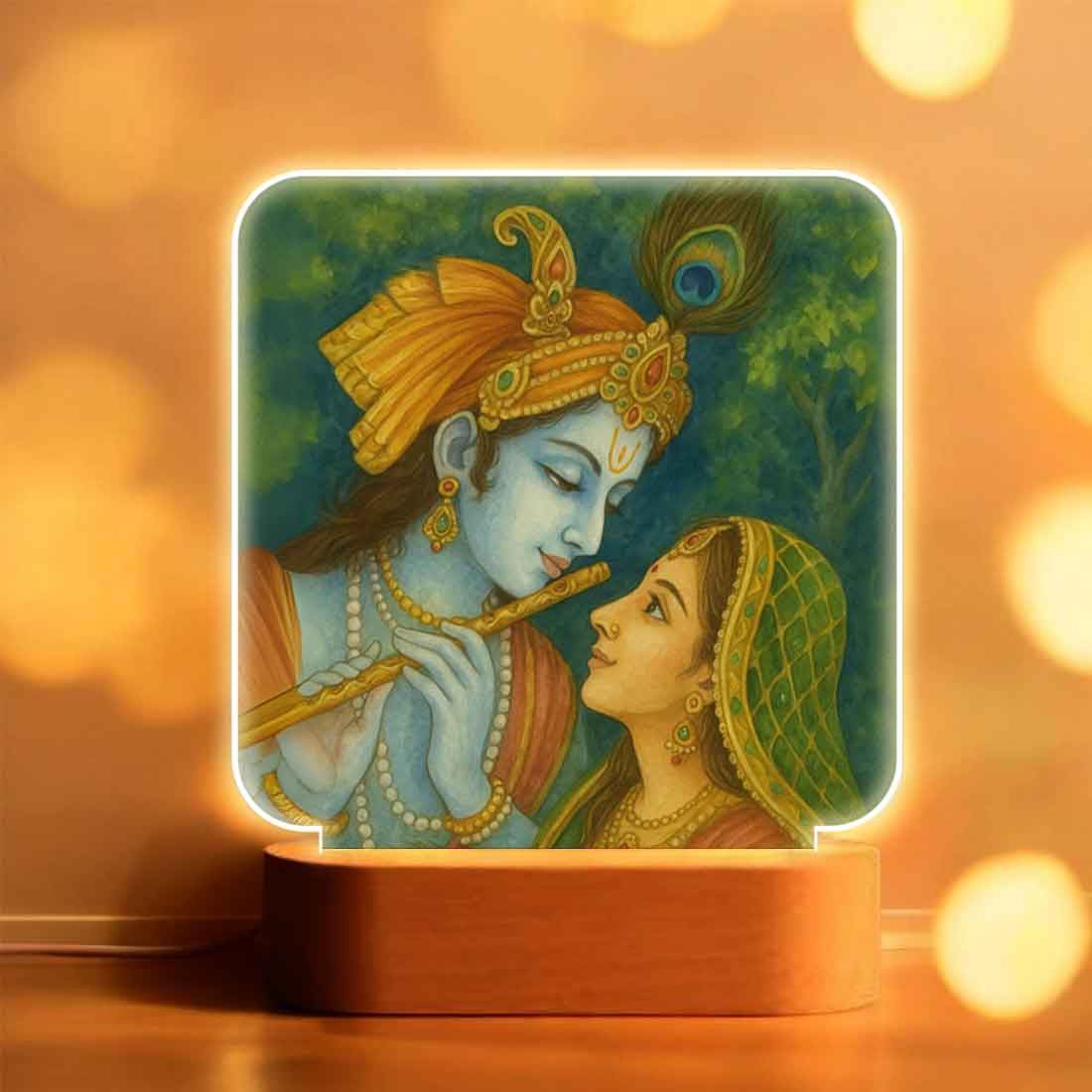 Radha Krishna Lamp with Wooden Base – Warm Glow Lamp for Pooja Room & Gifting