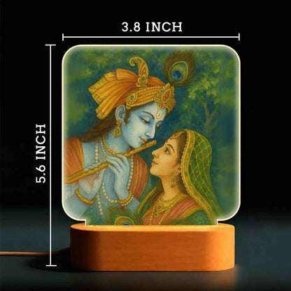 Radha Krishna Lamp with Wooden Base – Warm Glow Lamp for Pooja Room & Gifting