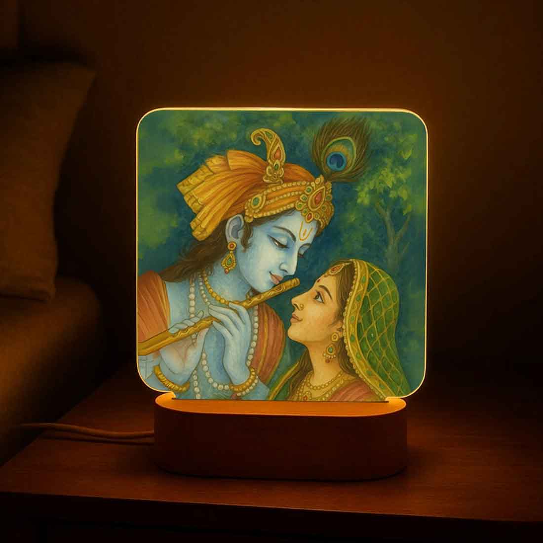 Radha Krishna Lamp with Wooden Base – Warm Glow Lamp for Pooja Room & Gifting