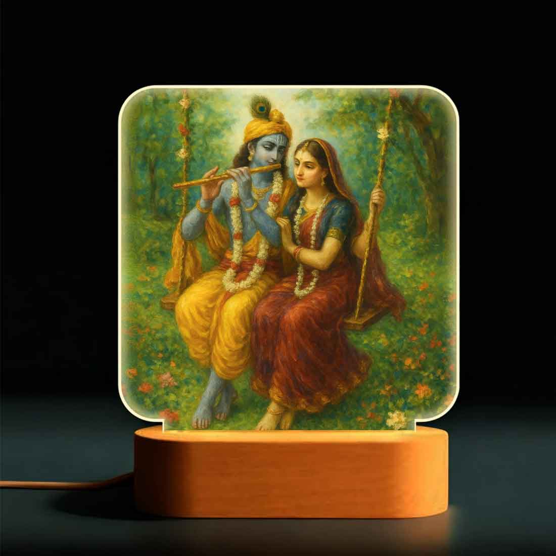 Radha Krishna Night Lamp with Wooden Base – Warm LED Light for Home Temple & Decor