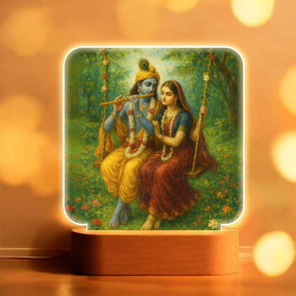 Radha Krishna Night Lamp with Wooden Base – Warm LED Light for Home Temple & Decor
