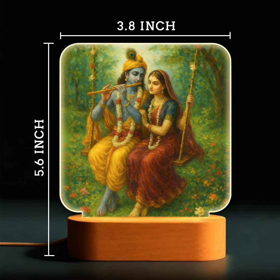 Radha Krishna Night Lamp with Wooden Base – Warm LED Light for Home Temple & Decor