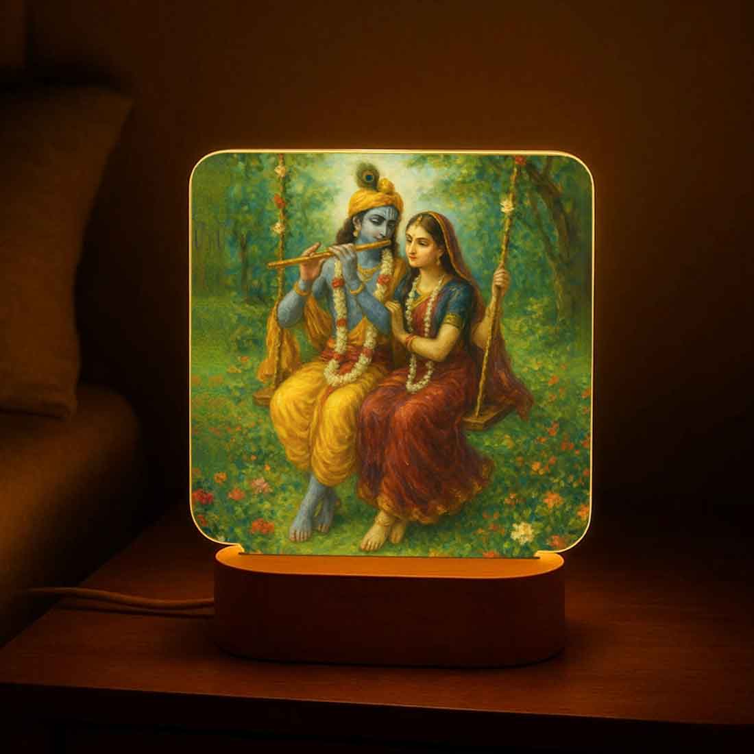 Radha Krishna Night Lamp with Wooden Base – Warm LED Light for Home Temple & Decor
