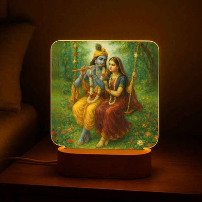 Radha Krishna Night Lamp with Wooden Base – Warm LED Light for Home Temple & Decor
