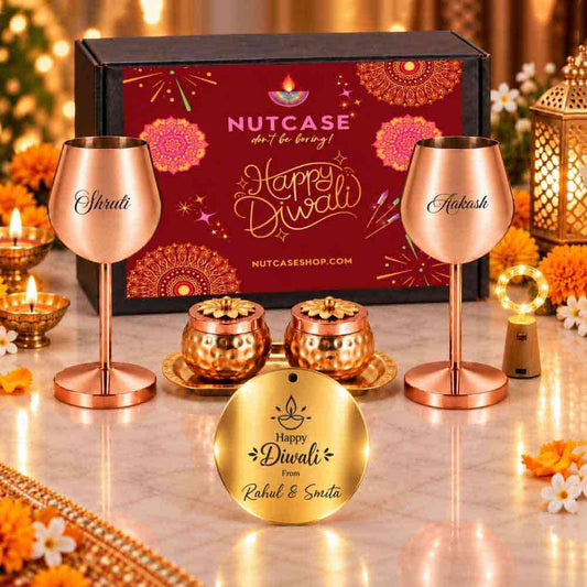 Engraved Wine Goblets with Dry Fruit Containers – Custom Diwali Gift Set