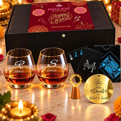 Custom Hexagonal Whisky Glasses Diwali Gift Hamper with Fairy Lights -2 Glasses, 2 Decks Playing Cards, LED Fairy Lights & Happy Diwali Cutout