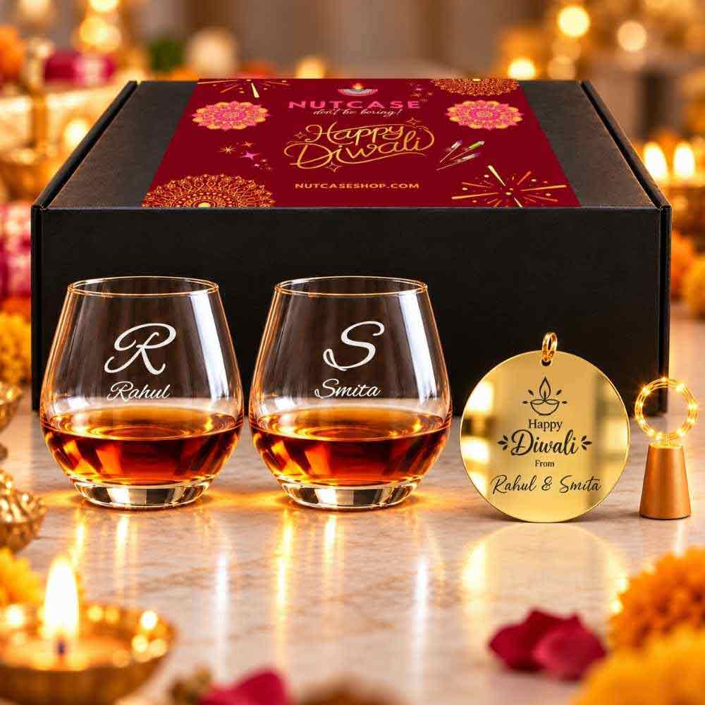 Custom Hexagonal Whisky Glasses Diwali Gift Hamper with Fairy Lights -2 Glasses, 2 Decks Playing Cards, LED Fairy Lights & Happy Diwali Cutout