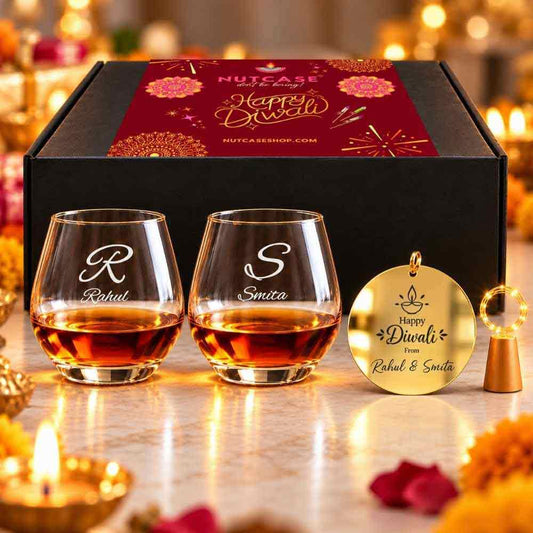 Custom Hexagonal Whisky Glasses Diwali Gift Hamper with Fairy Lights -2 Glasses, 2 Decks Playing Cards, LED Fairy Lights & Happy Diwali Cutout