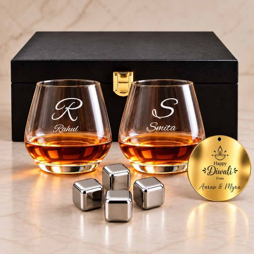 Personalised Diwali Hexagonal Whisky Glass Hamper - Set of 2 Custom Name Glasses with 4 Stainless Steel Metal Ice Cubes & Festive Diwali Cutout