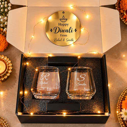 Custom Hexagonal Whisky Glasses Diwali Gift Hamper with Fairy Lights -2 Glasses, 2 Decks Playing Cards, LED Fairy Lights & Happy Diwali Cutout