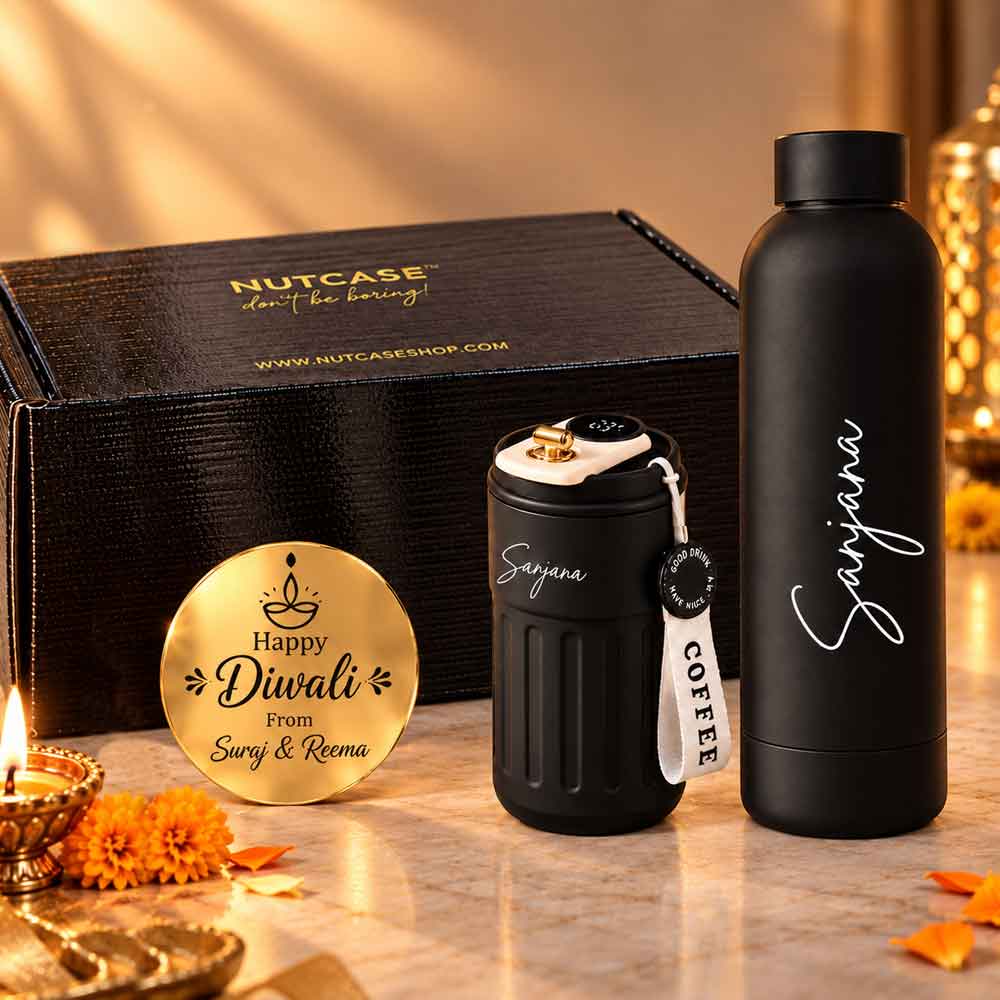 Personalized Coffee tumbler and Water Bottle Diwali Gift Set Box - Insulated Black Coffee Tumbler (500 ml), Thermos Black Water Bottle (500 ml) & Golden Happy Diwali Cutout in a Festive Gift Box