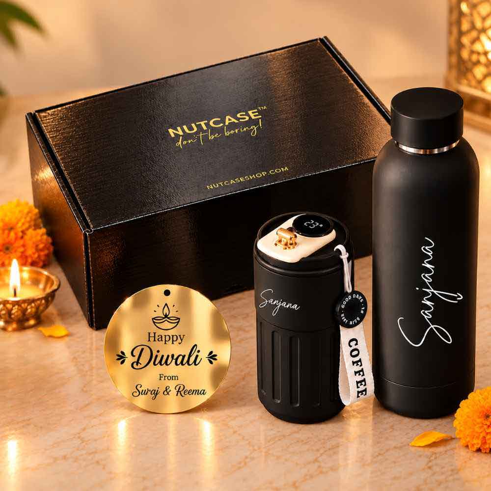 Personalized Coffee tumbler and Water Bottle Diwali Gift Set Box - Insulated Black Coffee Tumbler (500 ml), Thermos Black Water Bottle (500 ml) & Golden Happy Diwali Cutout in a Festive Gift Box