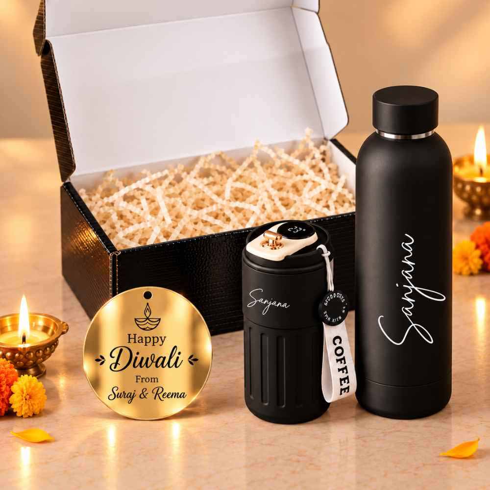 Personalized Coffee tumbler and Water Bottle Diwali Gift Set Box - Insulated Black Coffee Tumbler (500 ml), Thermos Black Water Bottle (500 ml) & Golden Happy Diwali Cutout in a Festive Gift Box