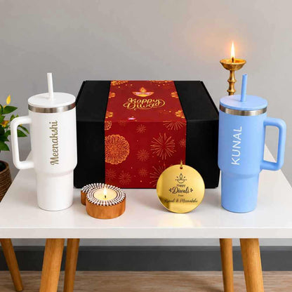 Personalized 1200ml Insulated Tumbler– Diwali Gift Set for Couples | Engraved Travel Mug With Straw