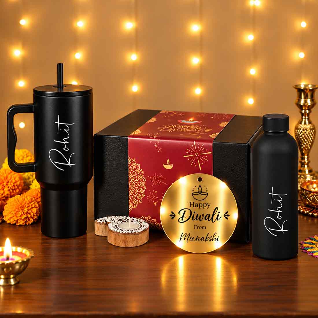 Personalized Diwali Gift Set – Custom Tumbler & Insulated Bottle with Candle