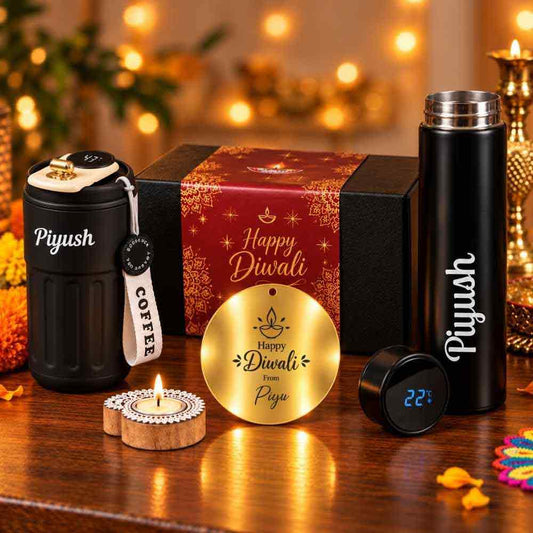 Personalized Diwali Gift Set Temperature Display Coffee Tumbler & Thermos Flask (500ml)