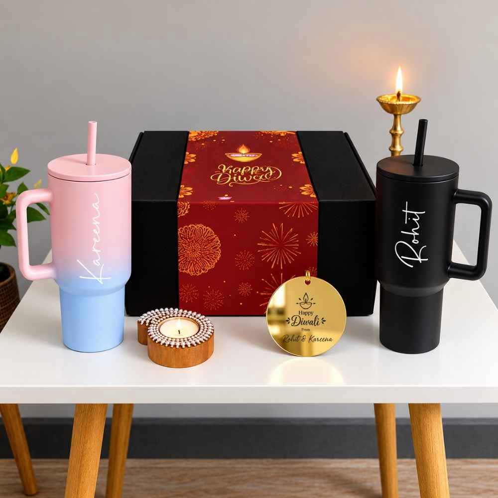 Personalized 1200ml Insulated Tumbler– Diwali Gift Set for Couples | Engraved Travel Mug With Straw