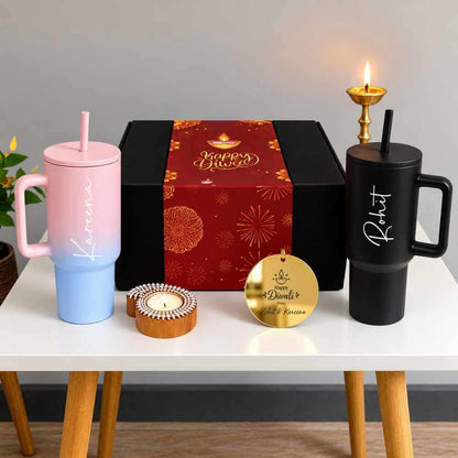 Personalized 1200ml Insulated Tumbler– Diwali Gift Set for Couples | Engraved Travel Mug With Straw