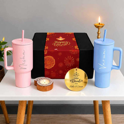 Personalized 1200ml Insulated Tumbler– Diwali Gift Set for Couples | Engraved Travel Mug With Straw