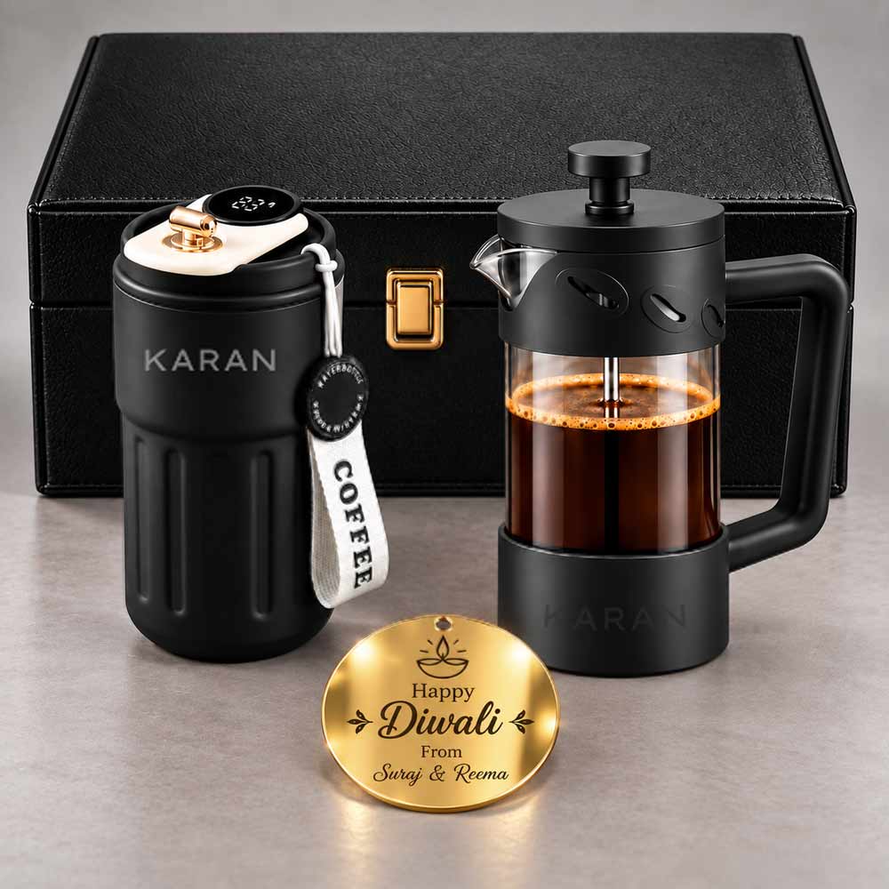 Custom Gift for Coffee Lover - Personalized French Press and Coffee Tumbler Gift Hamper