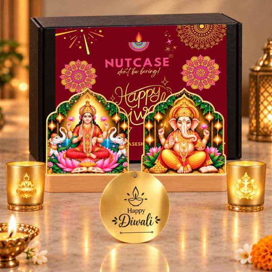 Goddess Laxmi Lamp and Ganesha Lamp with LED | Glass Candle Holders-LED Candle Includes | Divine Diwali Gift box