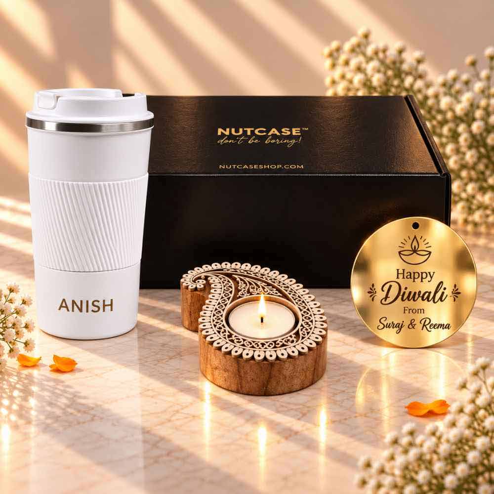 Personalised Diwali Coffee Tumbler Gift Set (500 ml) with Handcrafted Wooden Leaf Diya & Custom Diwali Gift Note