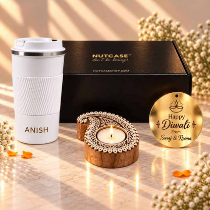 Personalised Diwali Coffee Tumbler Gift Set (500 ml) with Handcrafted Wooden Leaf Diya & Custom Diwali Gift Note