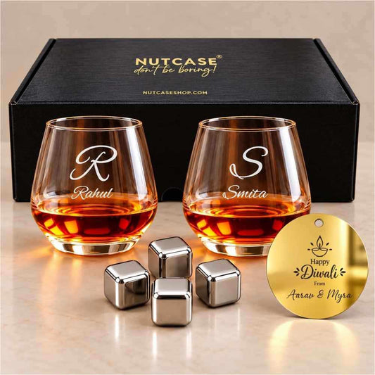 Personalised Diwali Hexagonal Whisky Glass Hamper - Set of 2 Custom Name Glasses with 4 Stainless Steel Metal Ice Cubes & Festive Diwali Cutout