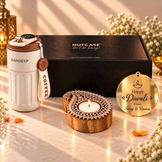 Personalised Diwali Coffee Tumbler Gift Set (500 ml) with Handcrafted Wooden Leaf Diya & Custom Diwali Gift Note