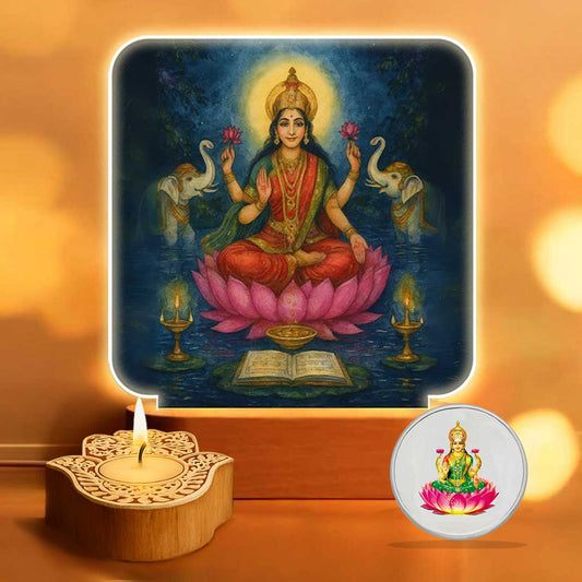 Premium Diwali Gift Set with Laxmi LED Lamp, Silver Coin & Decorative Candles – Perfect Festive Gift for Family & Relatives