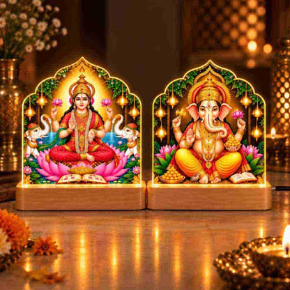 Goddess Laxmi Lamp and Ganesha Lamp with LED | Glass Candle Holders-LED Candle Includes | Divine Diwali Gift box