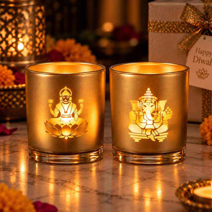 Goddess Laxmi Lamp and Ganesha Lamp with LED | Glass Candle Holders-LED Candle Includes | Divine Diwali Gift box