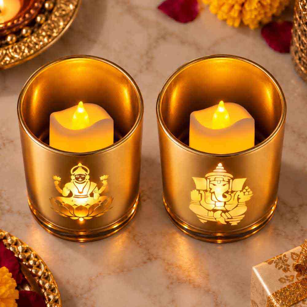 Goddess Laxmi Lamp and Ganesha Lamp with LED | Glass Candle Holders-LED Candle Includes | Divine Diwali Gift box