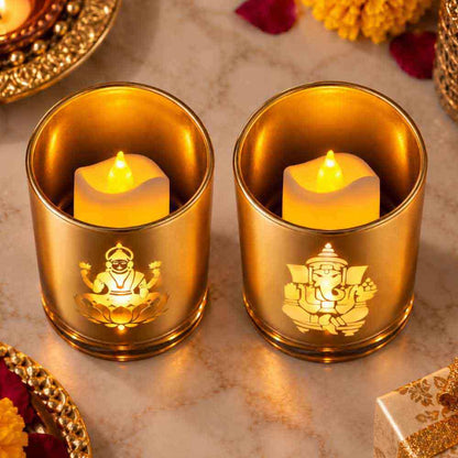 Goddess Laxmi Lamp and Ganesha Lamp with LED | Glass Candle Holders-LED Candle Includes | Divine Diwali Gift box