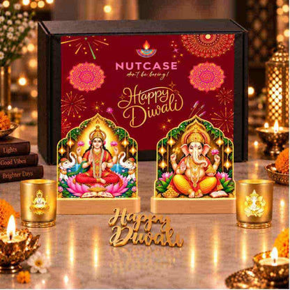 Goddess Laxmi Lamp and Ganesha Lamp with LED | Glass Candle Holders-LED Candle Includes | Divine Diwali Gift box