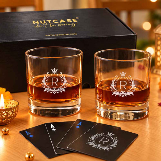 Premium Whiskey Glasses Set Diwali Gift – Personalized Glassware with Playing Cards