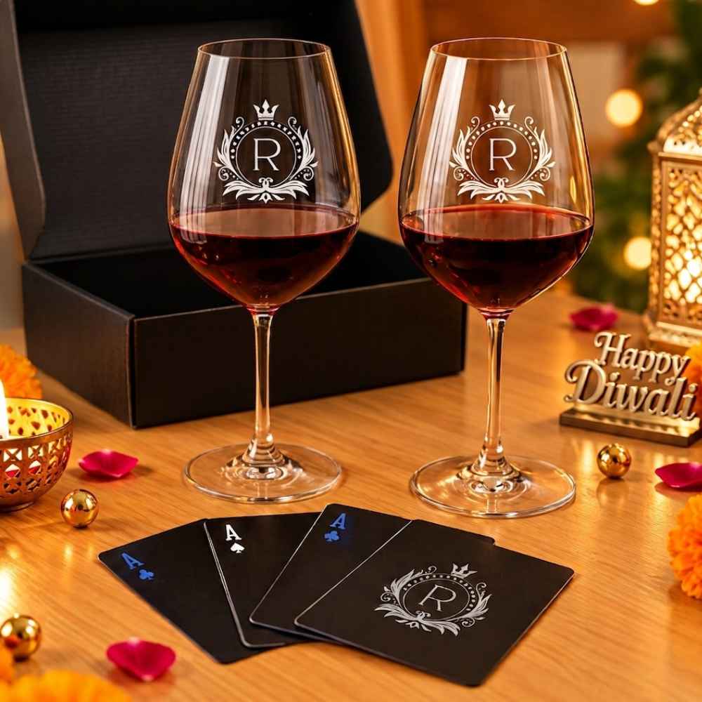 Premium Whiskey Glasses Set Diwali Gift – Personalized Glassware with Playing Cards
