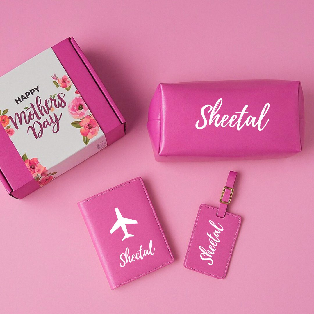 Mother’s Day Gift Box – Travel Combo Set for Mom (Passport Cover, Luggage Tag & Toiletry Bag in Pink PU Leather) - Name
