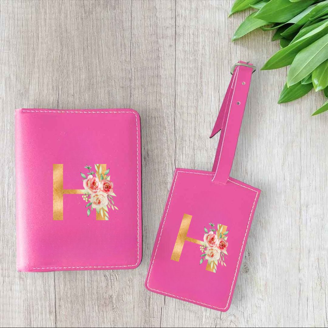 Mother’s Day Gift Box – Travel Combo Set for Mom (Passport Cover, Luggage Tag & Toiletry Bag in Pink PU Leather) - Floral Monogram